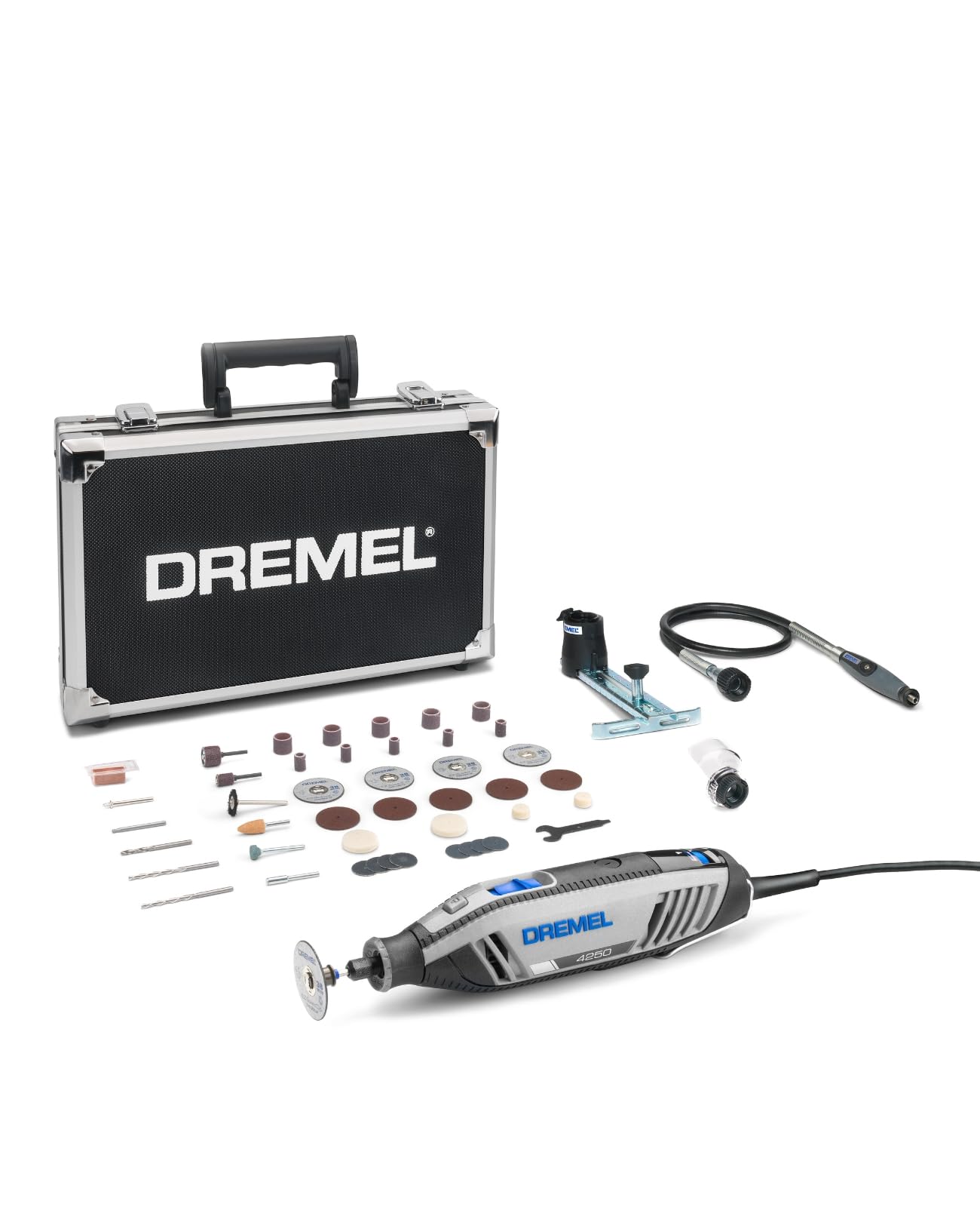 Dremel 4250 Multifunktionswerkzeug – Amazon Exklusiv Set, kompaktes, grau-blaues Gehäuse. Es bohrt, schleift und graviert präzise.