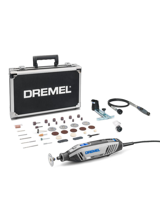 Dremel 4250 Multifunktionswerkzeug – Amazon Exklusiv Set, kompaktes, grau-blaues Gehäuse. Es bohrt, schleift und graviert präzise.