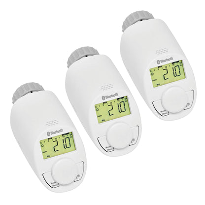 Eqiva Bluetooth Smart Heizkörperthermostat 3er-Set. Drei weiße, zylindrische Thermostate zur Bluetooth-Temperaturregelung an Heizkörpern.