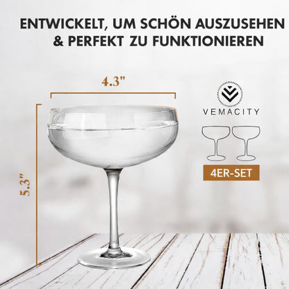 Vemacity Martinigläser 4er-Set, handgefertigte Cocktailgläser, 280 ml