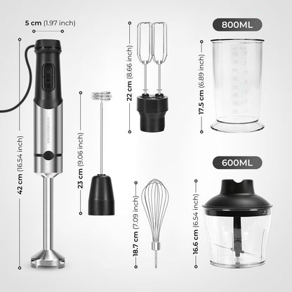 kowdom Stabmixer Set 1200 W mit Zerkleinerer und Milchaufschäumer