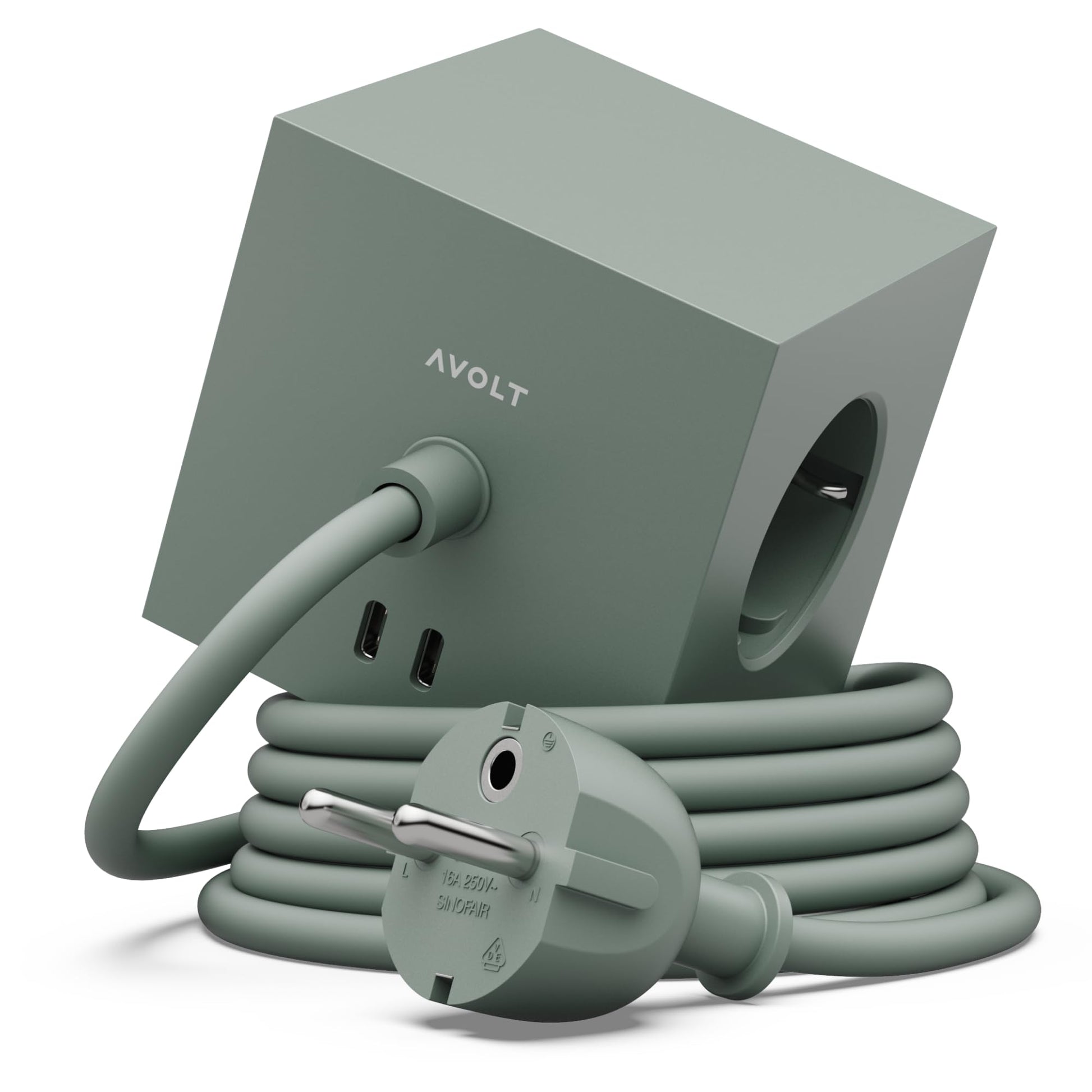 Avolt Würfel Steckdosenleiste - Oak Green USB-C 1.8m. Grüner Würfel mit Schutzkontakt- & USB-C-Anschlüssen für Stromversorgung & Laden.
