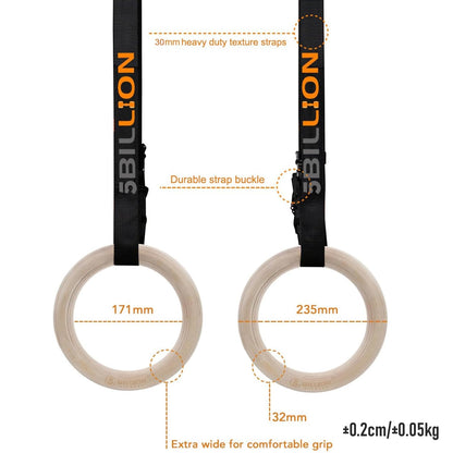 5BILLION FITNESS Gymnastikringe aus Holz 32 mm mit Nylon-Gurten