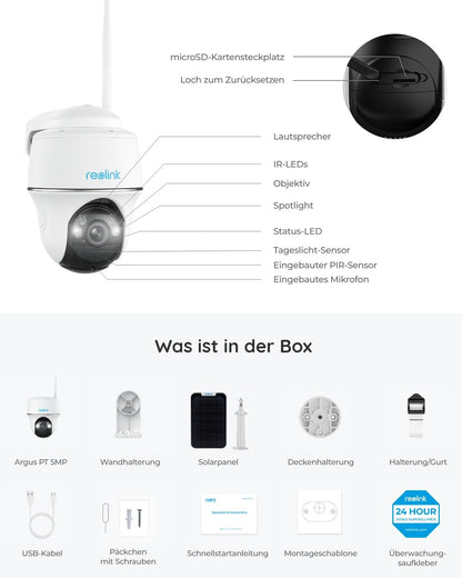 Reolink Argus PT 5MP PTZ Solar Kamera Aussen - mit Solarpanel