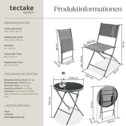 tectake Bistroset 3-teilig: Klapptisch rund und 2 Klappstühle, grau