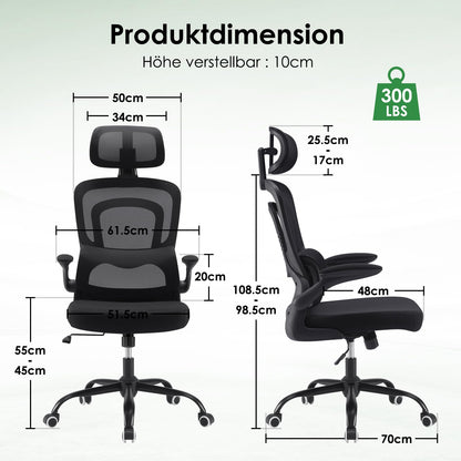 Farini Bürostuhl ergonomisch mit Kopfstütze, höhenverstellbar, schwarz