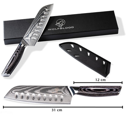 Wolfblood PRO Damast Santoku Messer XL - Profi Küchenmesser