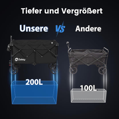 Sekey XXL Plus Bollerwagen Faltbar – 200L/200KG Tiefschwarz