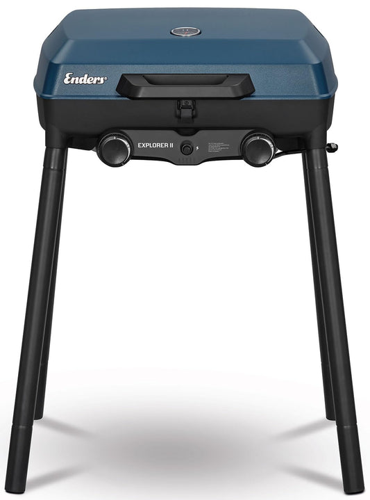 Enders Camping Gasgrill Explorer II – Blau 2 Brenner #2104. Blauer Kompakt-Gasgrill mit 2 Brennern für mobiles Grillen.