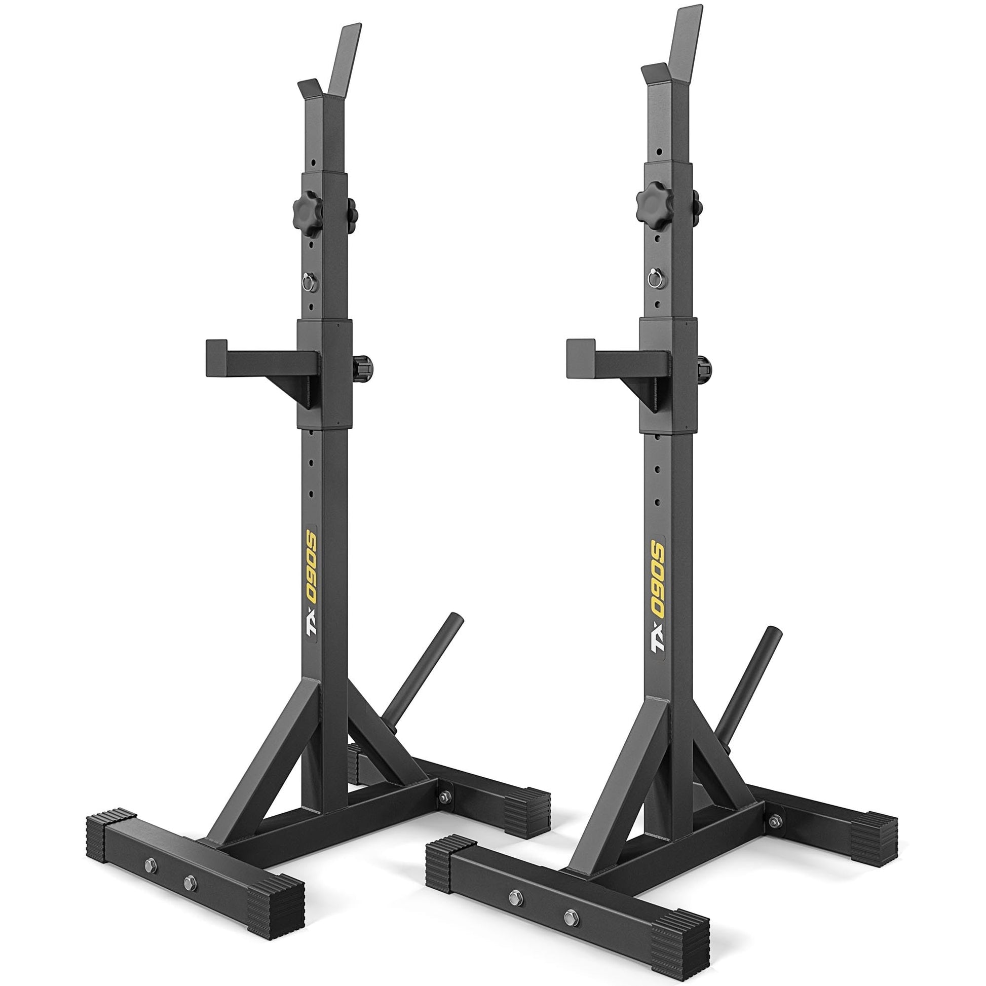 TREX SPORT Squat Rack Krafttraining Hantelständer TX-090S. Schwarzes Stahlgestell mit höhenverstellbaren J-Hooks. Ermöglicht sicheres Langhanteltraining.