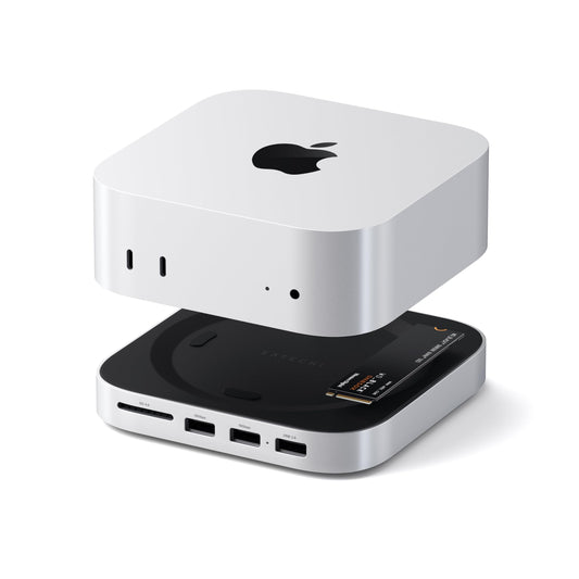 SATECHI Mac mini M4 Hub Stand NVMe SSD Dock - Silber. Silber, erweitert Konnektivität und NVMe-Speicher für Mac mini M4.