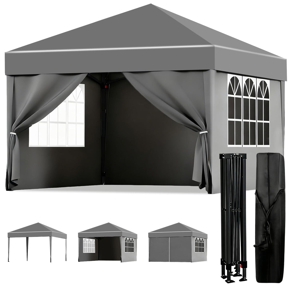 ISE Faltpavillon 3x3 m mit 4 Seitenwänden, UV-Schutz 50+, Grau, Stahlrahmen und Fenster in zwei Seitenteilen