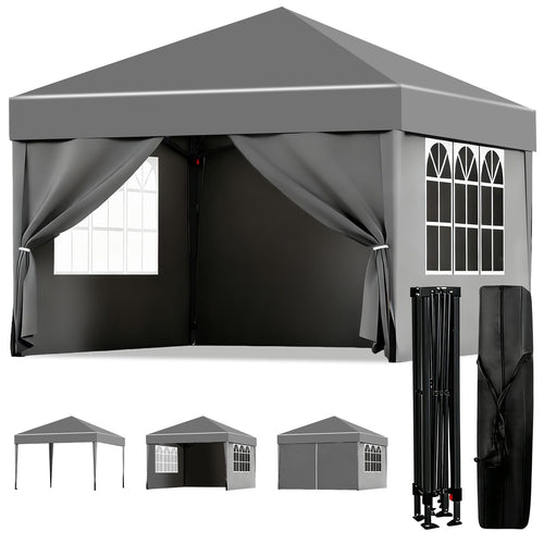 ISE Faltpavillon 3x3 m mit 4 Seitenwänden, UV-Schutz 50+, Grau, Stahlrahmen und Fenster in zwei Seitenteilen