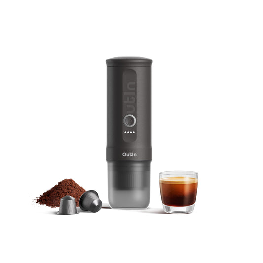 OutIn Nano Tragbare Espressomaschine - Akku 2-in-1 Selbsterhitzung. Kompakt, brüht Espresso aus Pulver/Kapseln, selbstbeheizt.