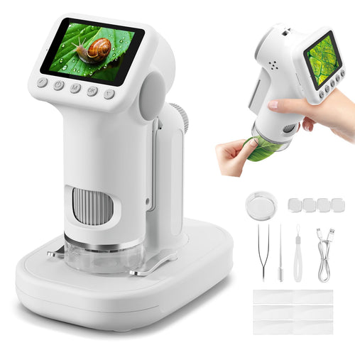 HEWEIMEI Kindermikroskop 1600x mit 2 Zoll IPS Display und HD Kamera, weiss, 3-in-1 Design