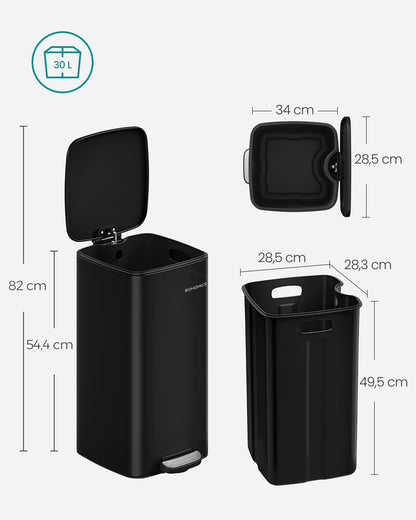 SONGMICS Tretmülleimer 30 l aus Stahl mit Softclose, tintenschwarz