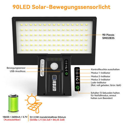 JESLED Solar-Aussenleuchte, 90 LEDs, Bewegungsmelder, IP65, 4er-Set