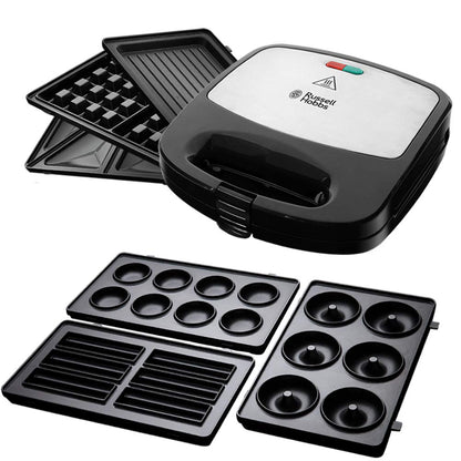 Russell Hobbs Fiesta 24540-56 Multifunktionsgerät – 3er Plattenset. Schwarz-silbernes Gerät bereitet Waffeln, Sandwiches & Gegrilltes zu.