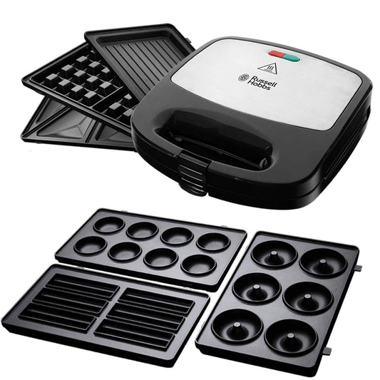 Russell Hobbs Fiesta 24540-56 Multifunktionsgerät – 3er Plattenset. Schwarz-silbernes Gerät bereitet Waffeln, Sandwiches & Gegrilltes zu.