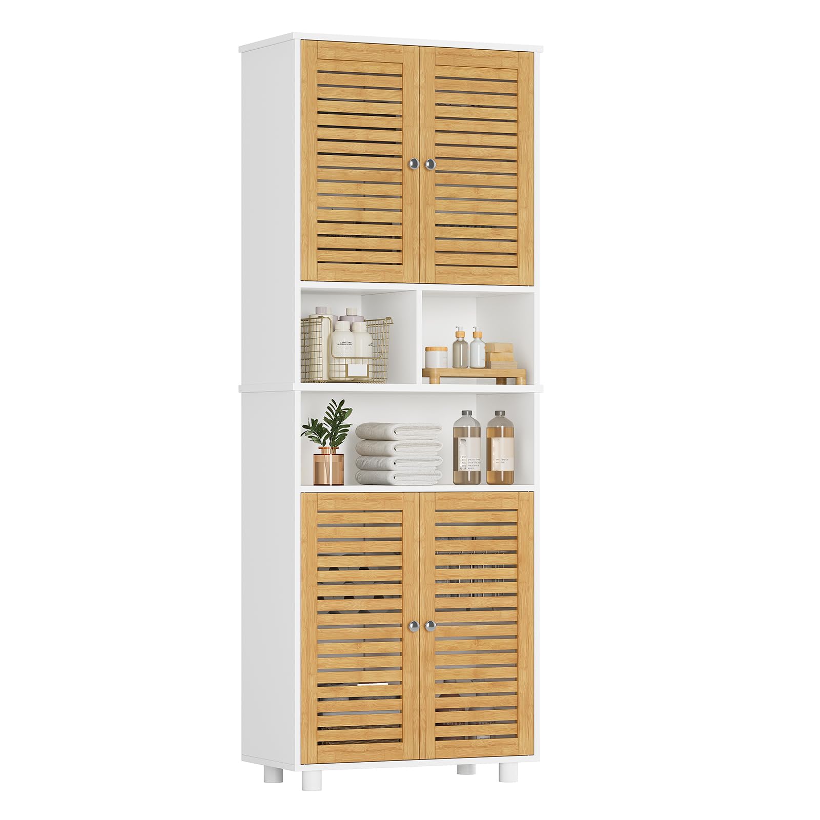 FORABAMB Badezimmerschrank hoch mit 4 Bambustüren, 60 x 30 x 170 cm – Hochschrank aus MDF mit Lamellentüren