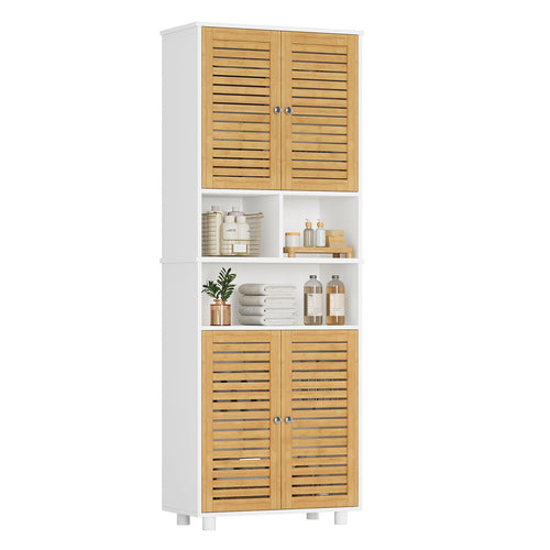 FORABAMB Badezimmerschrank hoch mit 4 Bambustüren, 60 x 30 x 170 cm – Hochschrank aus MDF mit Lamellentüren