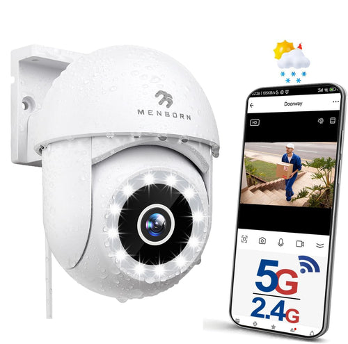 Menborn 2.5K Aussen IP Kamera – WLAN 360° Flutlicht Nachtsicht. Weißes Gehäuse zur 2.5K-Outdoor-Überwachung.