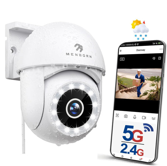 Menborn 2.5K Aussen IP Kamera – WLAN 360° Flutlicht Nachtsicht. Weißes Gehäuse zur 2.5K-Outdoor-Überwachung.