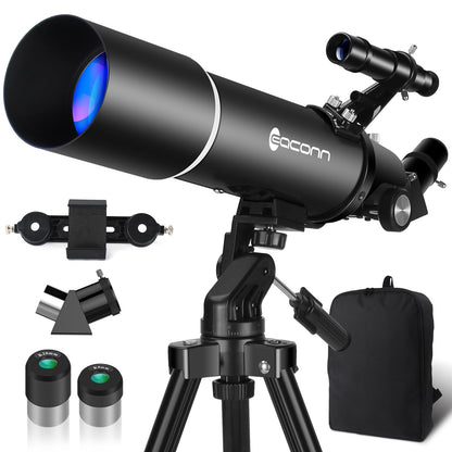 EACONN B80AZ Refraktor-Teleskop 80/600 mit Stativ und Rucksack