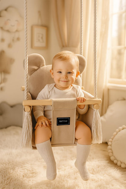 NATILU Bär Light Beige Velvet Babyschaukel - Indoor Outdoor