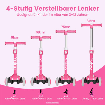 Yoleo Kinderscooter Dreiradroller mit leuchtenden Rädern, rosa-weiss