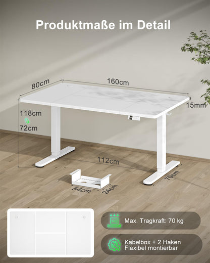 Devoko Höhenverstellbarer Elektrischer Schreibtisch 160x80cm - Weiss