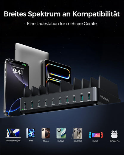 Rocoren 400W Ladestation USB-C, 10-Port GaN Ladegerät mit PD 100W