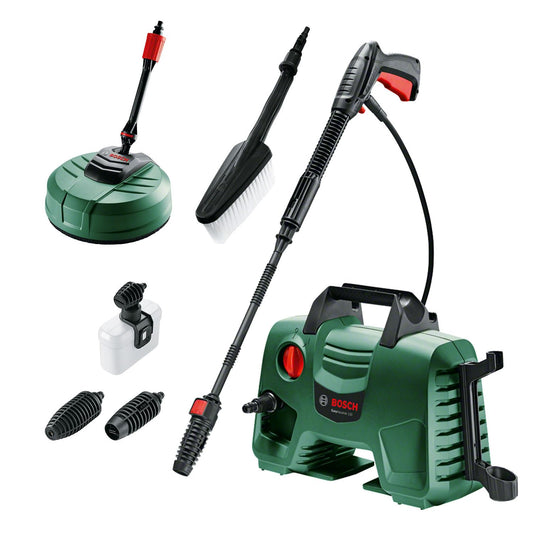 Bosch EasyAquatak 120 Hochdruckreiniger Premium Haus- & Auto Kit. Grünes Gerät reinigt Haus- und Autoflächen mit Hochdruck.