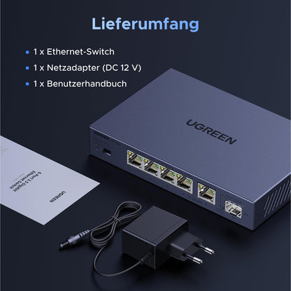 UGREEN 2.5G LAN Switch 5-Port mit 10G SFP+, Unmanaged, Metallgehäuse