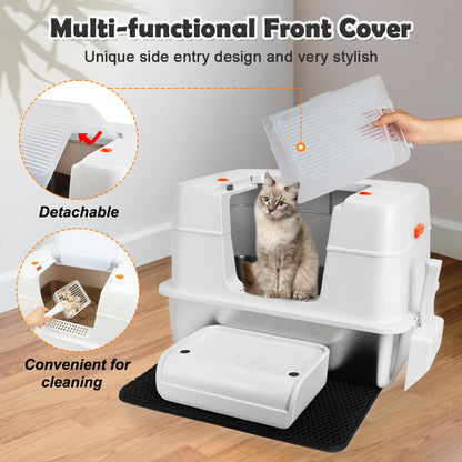 Vivifying Katzenklo Edelstahl mit Deckel, XL Katzentoilette, Beige