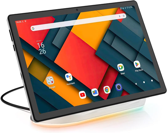 Whitedeer Tablet 10 Zoll Android 14 mit Ladedock - Schwarz. Schwarzes 10-Zoll-Tablet im Ladedock. Zum Surfen, Streamen und Laden.