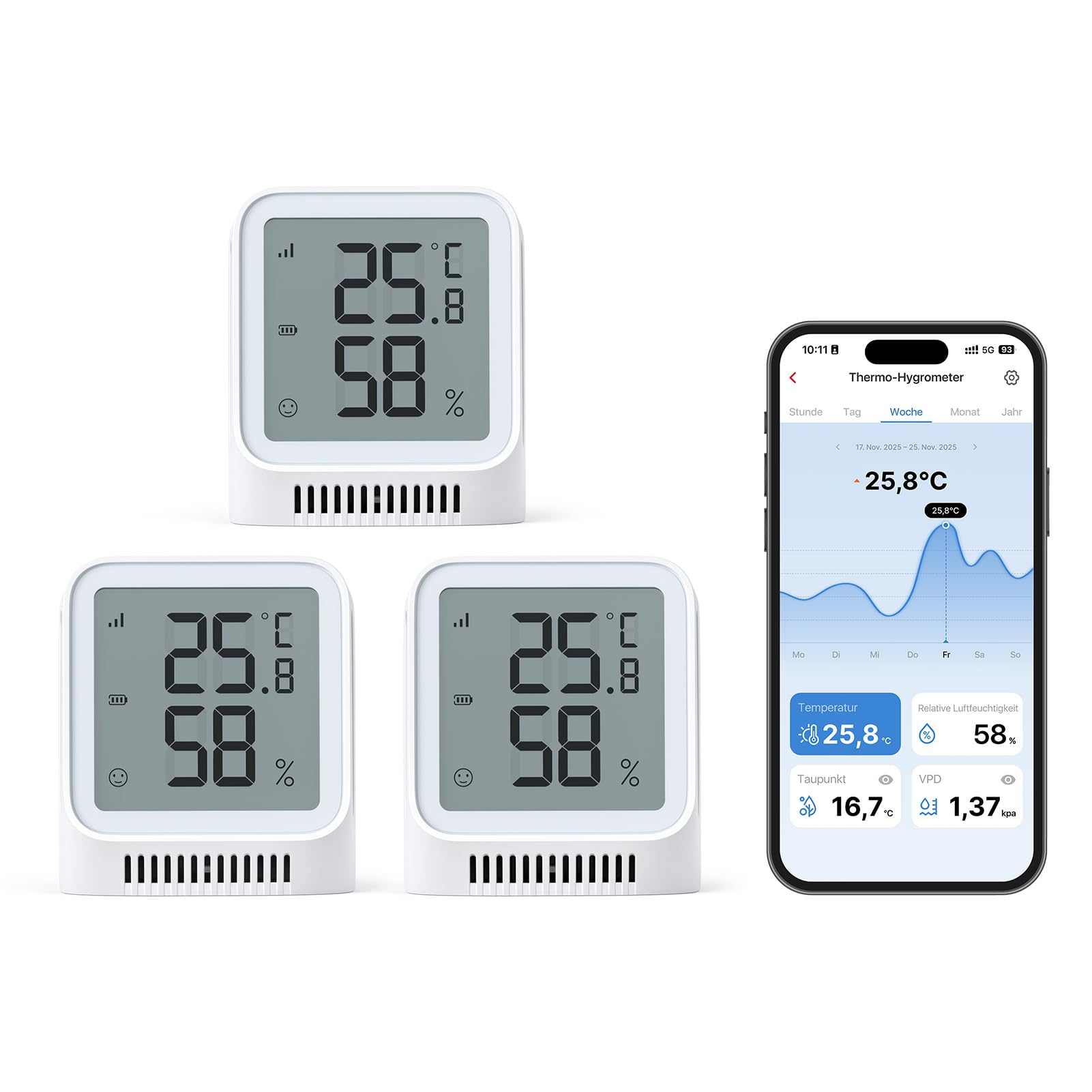 X-Sense WLAN Thermometer Hygrometer innen, 3 Stück, mit App, LCD-Display mit Komfort-Smiley