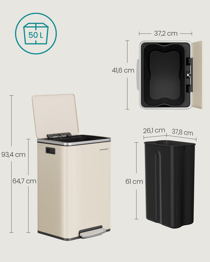 SONGMICS Mülleimer 50 L mit Softclose-Deckel und Pedal, cremefarben