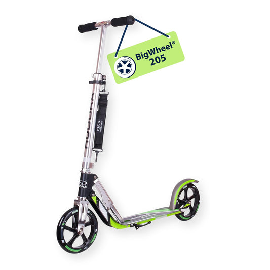 HUDORA BigWheel 205 Scooter-Cityroller: Silberfarbener Tretroller mit großen Rollen. Für zügige Fortbewegung auf befestigten Wegen im urbanen Raum konzipiert.
