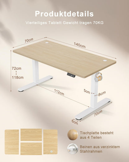TRIUMPHKEY Höhenverstellbarer Schreibtisch 140x70 cm - Elektrisch USB