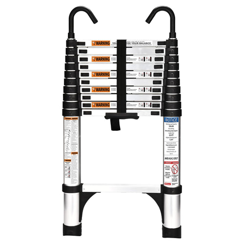 HBTower 3.2m Teleskopleiter Aluminium mit Haken - Silber. Silberne, ausziehbare Aluminiumleiter mit Haken für Arbeiten in der Höhe.