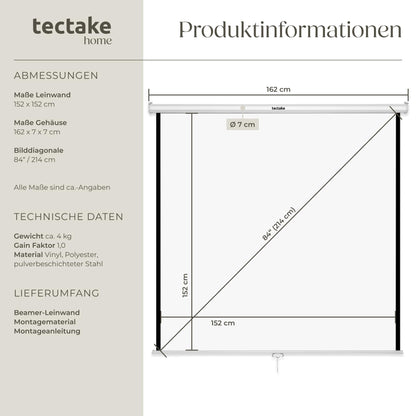 tectake Beamer Leinwand Rollo 152 x 152 cm, 4:3, Gain 1,0