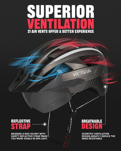 VICTGOAL VG112 Fahrradhelm MTB mit Magnetbrille, LED-Rücklicht, L