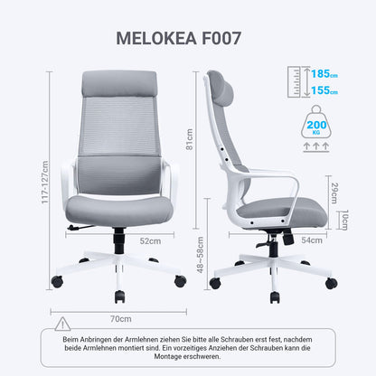 MELOKEA Ergonomischer Bürostuhl 200kg, Mesh, Kopfstütze - Grau