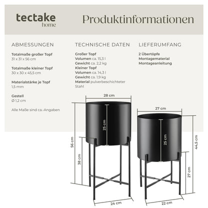 tectake Pflanzenständer 2er Set aus Metall, schwarz, mit Übertöpfen