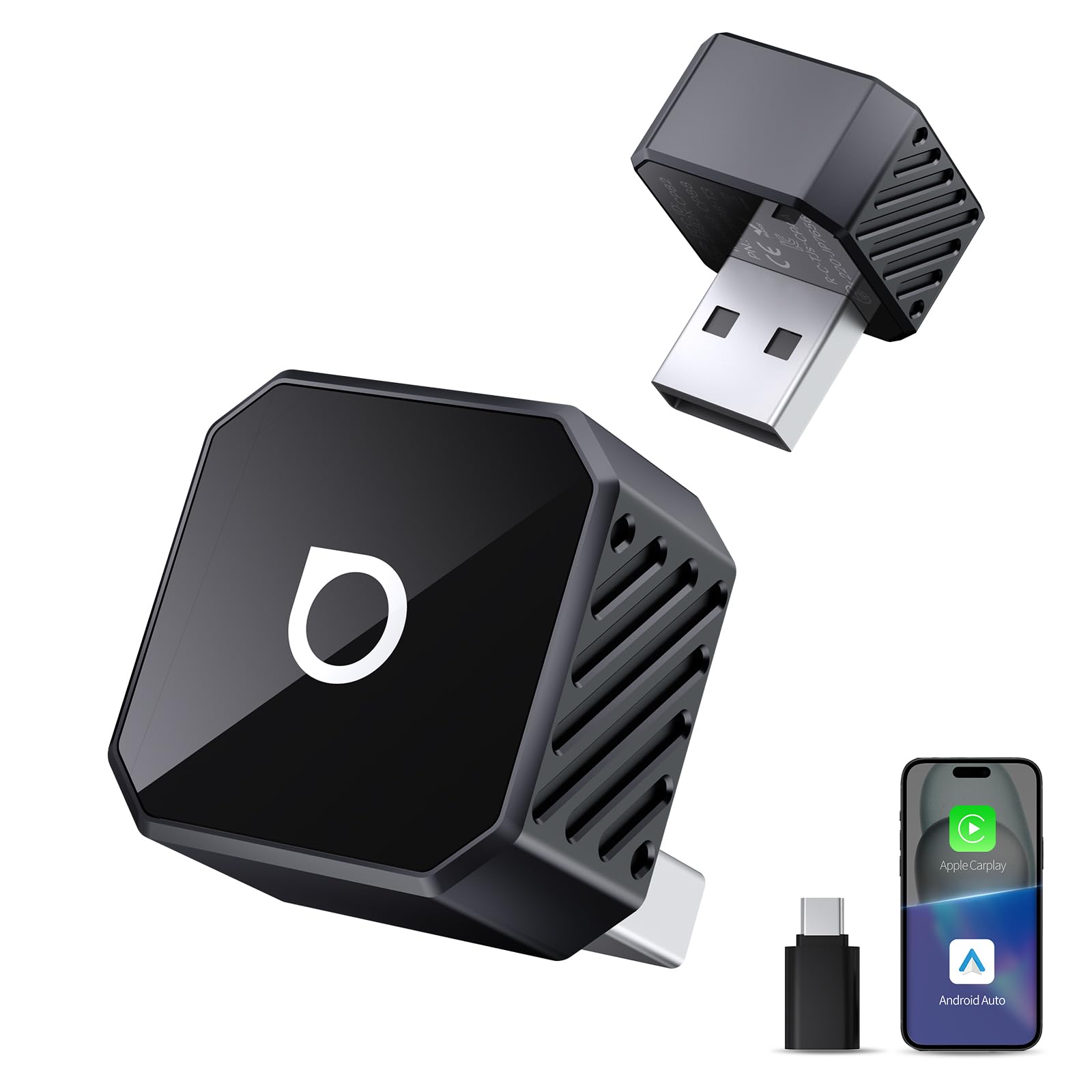 OTTOCAST Mini Pot 2-in-1 Wireless CarPlay & Android Auto Adapter in Schwarz mit geriffelter Oberfläche
