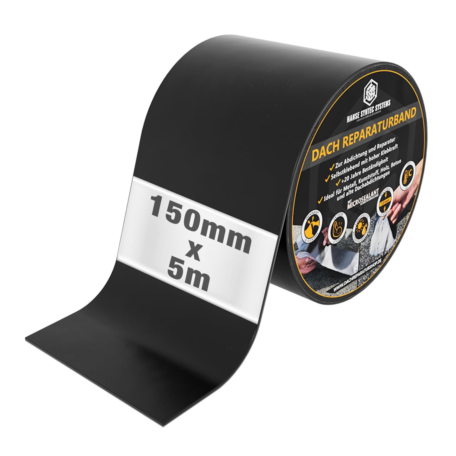 HSS Dach Reparaturband selbstklebend – Schwarz 150mm x 5m. Schwarze, 150mm breite Rolle Dichtungsband für Dachreparaturen.