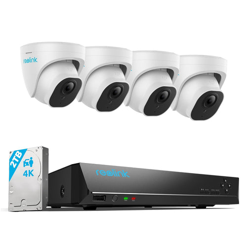 Reolink RLK8-800D4 4K PoE Aussen Überwachungskamera Set (4 Kameras). Vier weiße kuppelförmige 4K PoE Kameras für Aussenüberwachung.