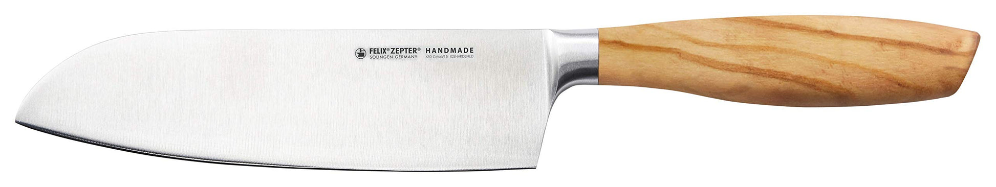Felix SOLINGEN 976003F Santoku Messer – 16cm Olivenholz. Vielseitiges Küchenmesser mit Olivenholzgriff zum Schneiden von Fleisch, Fisch und Gemüse.