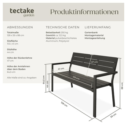 tectake Sitzbank 2-Sitzer Garten - Holzoptik Dunkelgrau